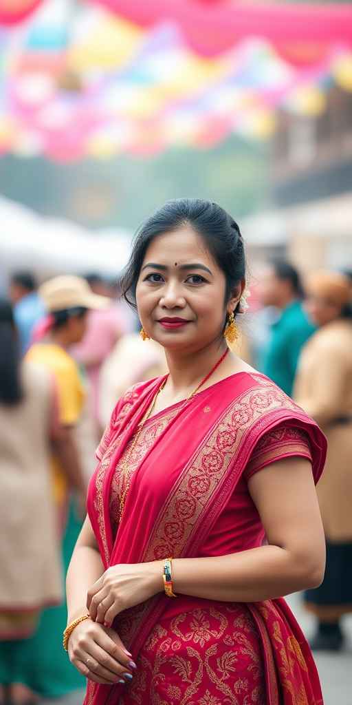 regenerate the image of a woman in traditional attire standing in a vibrant outdoor setting with blurred background people, using a Canon EOS R5 with a 50mm lens, aperture f/1.8, shutter speed 1/125s, ISO 100, and a shallow depth of field for enhanced image quality