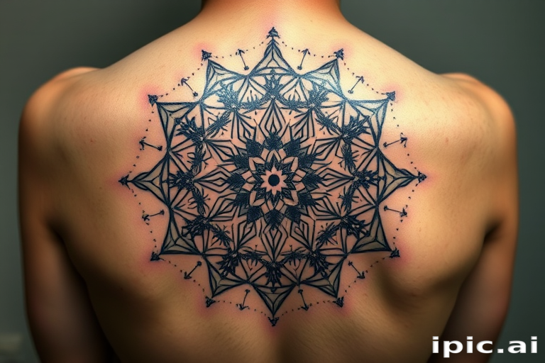 Mandala tattoo called "Sacred Geometry" showcasing a complex, symmetrical design incorporating various spiritual and mathematical symbols, with gradient dot shading and metallic ink accents to create depth and dimension, ideal for shoulder, back, or chest placement