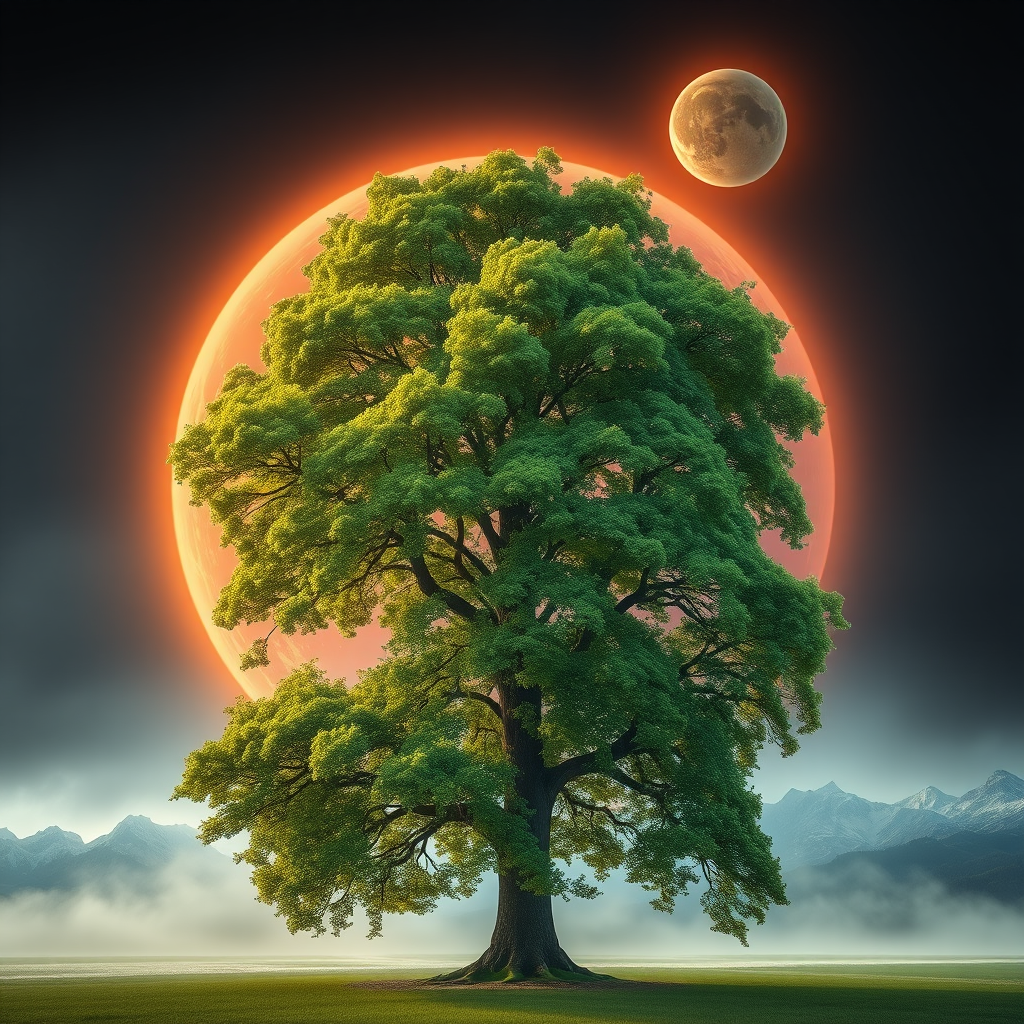 Generate an image of a large green tree against a surreal, glowing planet background with a misty atmosphere, using a DSLR camera with a 50mm lens at f/1.8, ISO 100, and a high dynamic range (HDR) setting for enhanced details and colors.