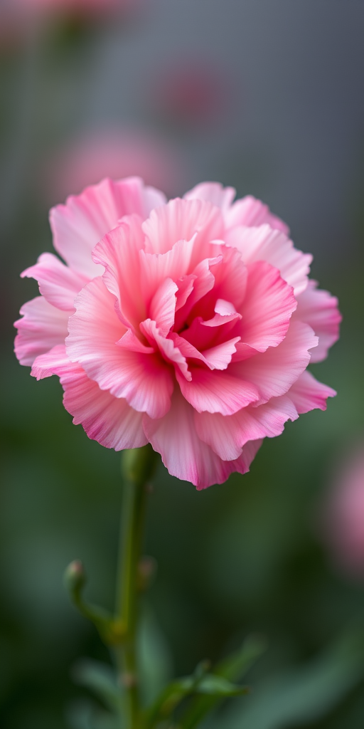 Regenerate a close-up image of a pink carnation flower with soft focus background, using a DSLR camera, aperture f/2.8, shutter speed 1/200 sec, ISO 100, and a 50mm lens.