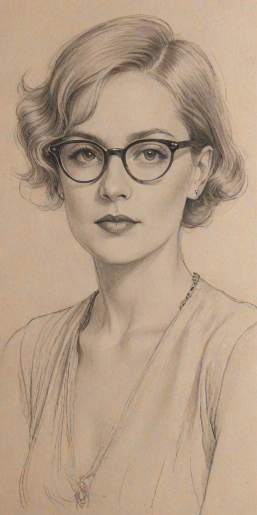 Radiant Sophie Thatcher, pencil sketch, portrait of Dazzling woman 1926s in glasses, hair style beatnik, outline, clear lines, fine lines, 8k