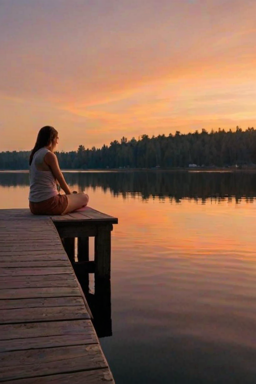 Quiet lakeside pier, the water reflecting the orange hues of the sunset, a woman sits at the end of the dock, her legs dangling over the side as she watches the sky change colors.