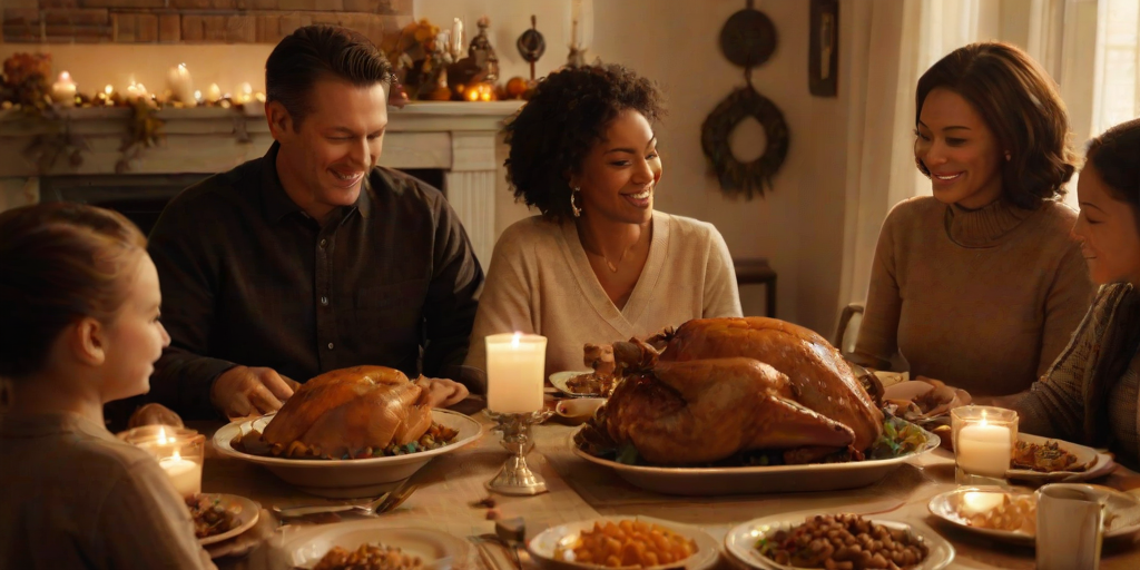 Warmly lit photo of a family gathered around a Thanksgiving table, soft glow from candles casting warm shadows, with the smell of roasted turkey and pumpkin pie filling the air.