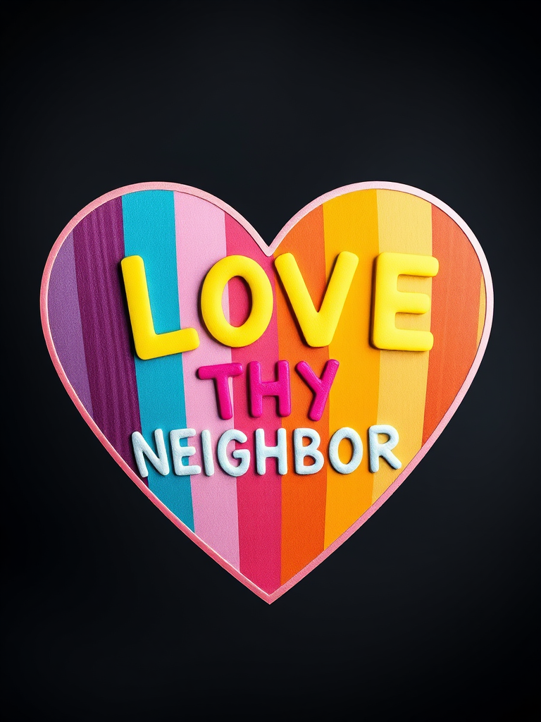 Create a vibrant heart design with rainbow stripes and the text "LOVE THY NEIGHBOR" in bold, cheerful colors, shot with a DSLR camera at f/4 aperture, ISO 200, with a 50mm lens, in a studio setting, ensuring high contrast and sharp focus.