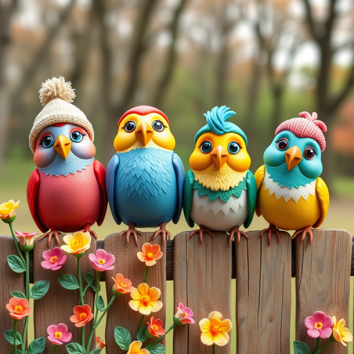 create a scene of 4 quirky  whimsical colourful comical birds each with a funny expression. they are sat on a wooden fence with colourful flowers. they are all different sizes. each one is a different colour  one is wearing a woolly hat. Each one has a different quirky google expression and there is a muted background of trees watercolour paintierly style high definition 8k resolution 3D paper mache