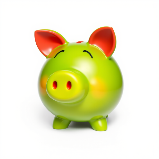 a cute cartoon piggy bank with exaggerated features, vibrant green color with red ears, smooth surface with soft shadows, 50mm lens, f/2.8 aperture, 1/125 second shutter speed, shot from a slightly elevated angle on a white background, softbox lighting for even illumination