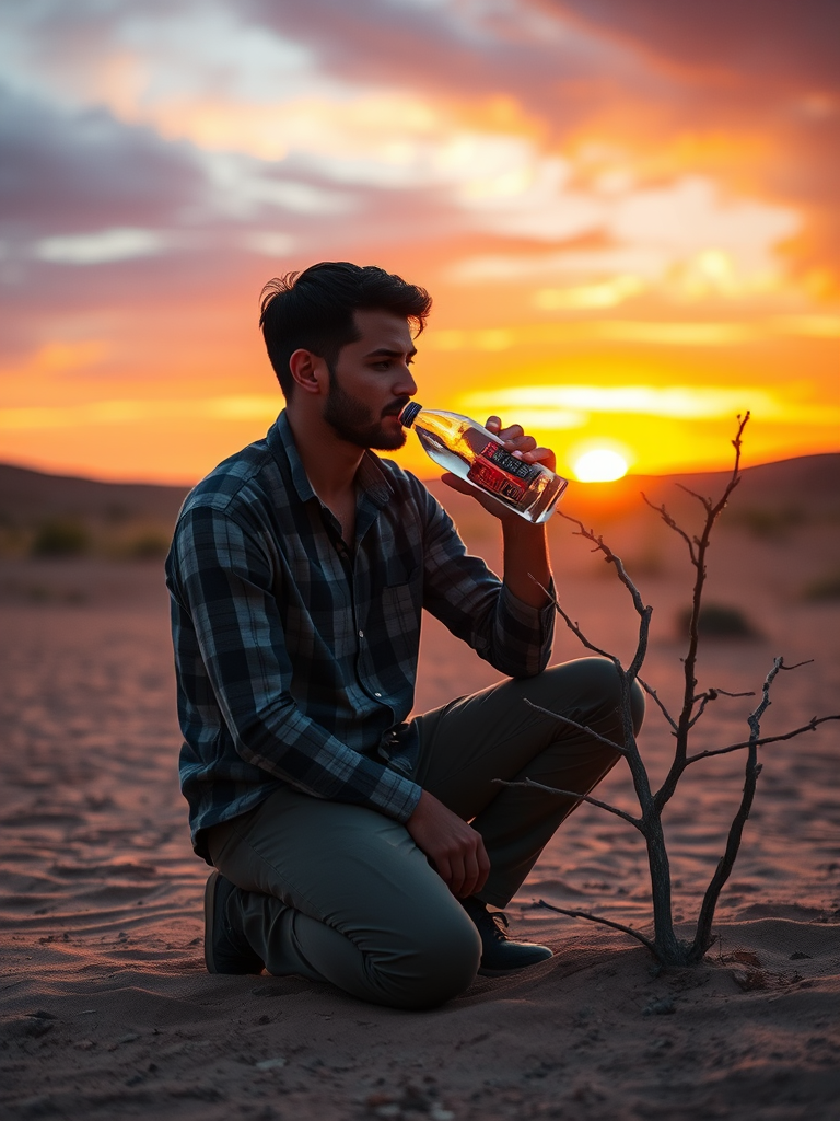 A man kneeling in a desert landscape, drinking water from a bottle with a small struggling tree nearby, vibrant sunset in the background, soft focus, 85mm lens, aperture f/2.8, ISO 100, natural lighting, high dynamic range, cinematic style.