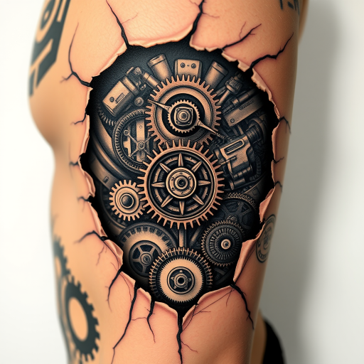 Biomechanical tattoo revealing intricate mechanical components beneath torn skin, hyper-realistic details of gears and wires, fusion of organic and industrial elements for a sci-fi inspired look
