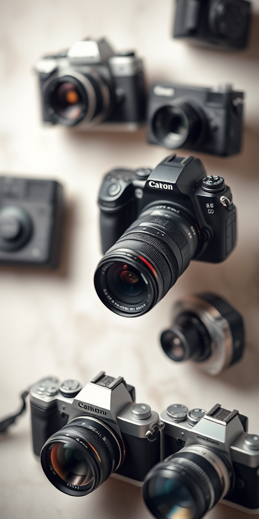 Create an abstract representation of photography showcasing various camera types and styles with a blurred background, using a DSLR camera, f/2.8 aperture, ISO 100, 50mm lens, and soft lighting for a professional look.