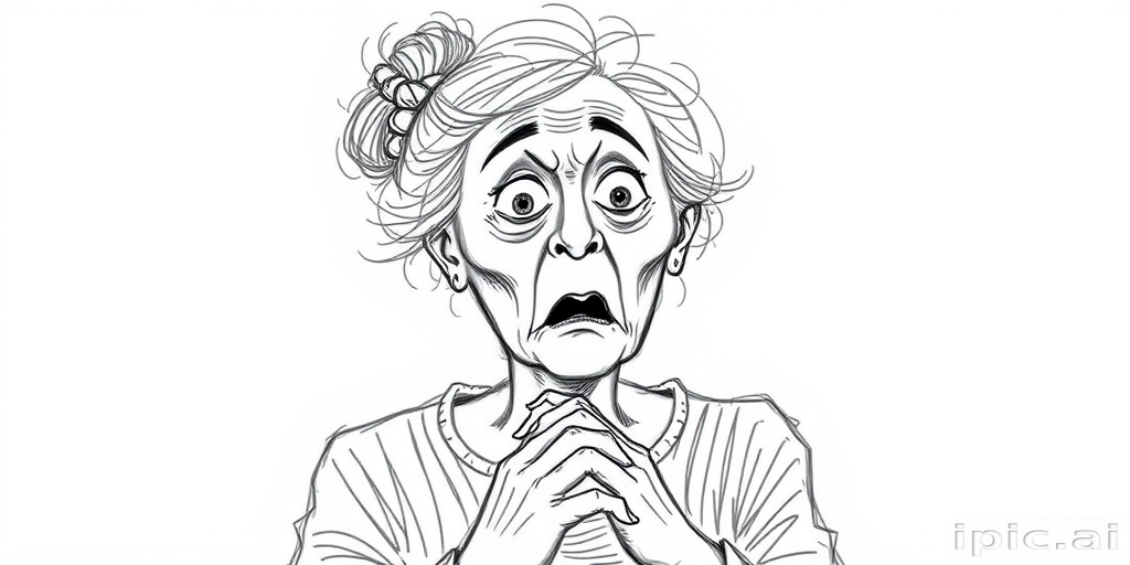 scribbly unfinished sketch, old lady with messy gray hair in a loose bun, surprised expression, mouth open, hands clasped together in front of her chest. Her eyes are wide, eyebrows are furrowed. vibe of shock or surprise.