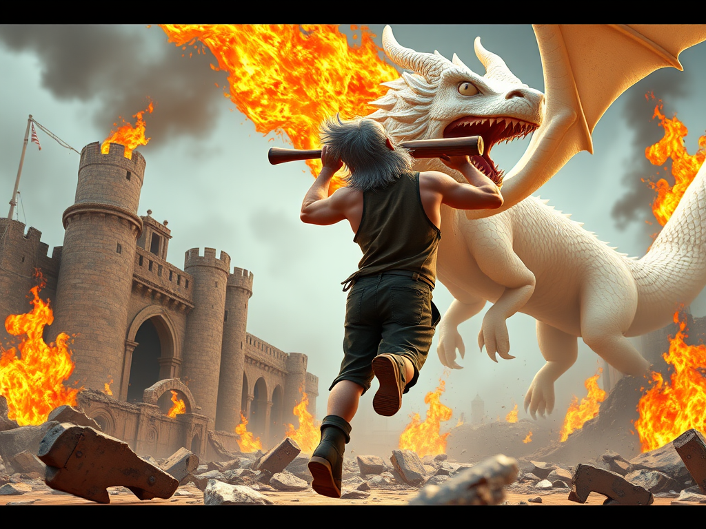 Cartoon 3D High-Resolution,dynamic battle scene using Unreal Engine 5 and Octane Render. The scene features back of an elderly, thai man with a beard,messy hair and round golden-rimmed glasses. He is wearing a tattered tank top with soot marks, shorts, and sandals. sweating. he wields a baseball bat. He jump to fight with a white fire-breathing Europe dragon amidst a partially destroyed stone castle. Include intense flames, smoke, and debris to enhance the dramatic effect.
