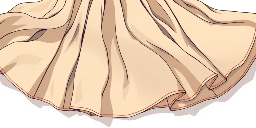 Create a detailed illustration of a stylish skirt with a flowing design, captured in natural light using a Canon EOS 5D Mark IV, aperture f/4, ISO 100, focal length 50mm, in a flat lay style to enhance texture and fabric quality.