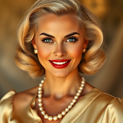 A beautiful Zulu woman reminiscent of 1950s Hollywood glamour, with perfectly styled blonde hair and a seductive smile, dressed in a satin blouse and adorned with pearls, soft and warm tones, photorealistic, 8K