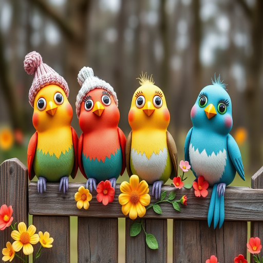 create a scene of 4 quirky  whimsical colourful comical birds each with a funny expression. they are sat on a wooden fence with colourful flowers. they are all different sizes. each one is a different colour  one is wearing a woolly hat. Each one has a different quirky google expression and there is a muted background of trees watercolour paintierly style high definition 8k resolution 3D paper mache
