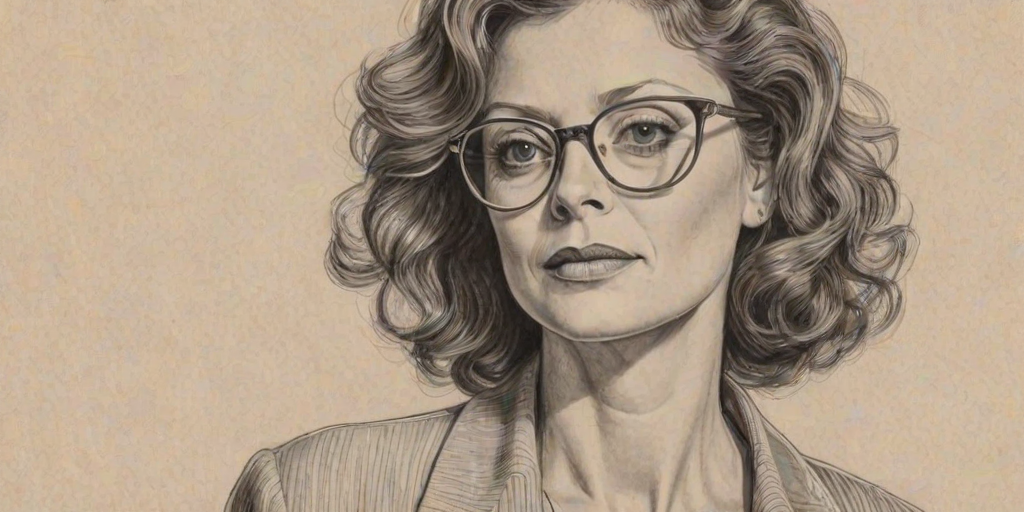 Beauteous Susan Sarandon, pencil sketch, portrait of Bewitching woman 1942s in glasses, hair style beatnik, outline, clear lines, fine lines, 8k