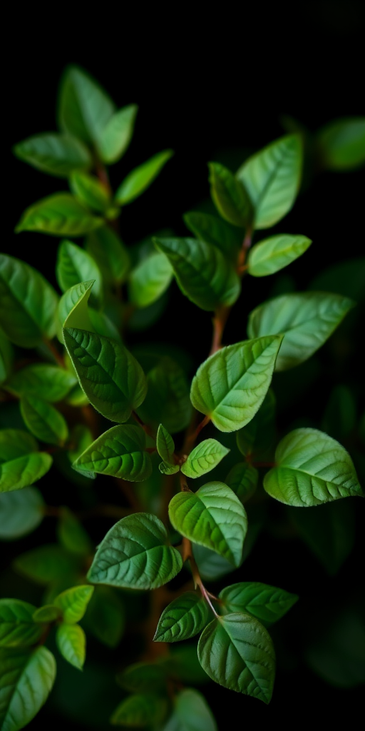 Create a high-resolution digital artwork of abstract green foliage on a black background, using soft focus with a DSLR camera at f/2.8 aperture, ISO 100, 50mm lens, centered composition, and enhanced color saturation.