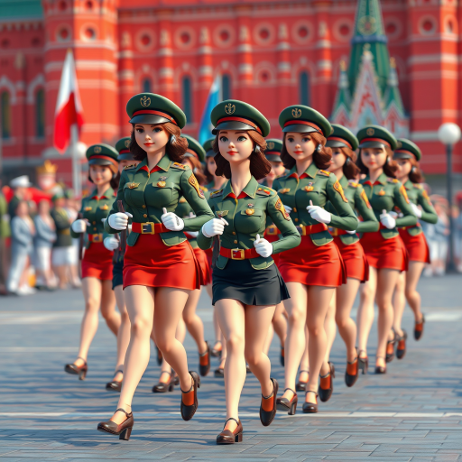 Cartoon 3D Military parade in Red Square in Moscow with military women wearing short skirts.