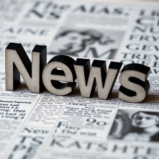 Create an image of the word "News" in bold 3D letters with a soft shadow on a blurred newspaper background, using a Canon EOS R5 camera with a 50mm f/1.2 lens, aperture set to f/1.8, ISO 100, and a shallow depth of field for enhanced focus on the text.
