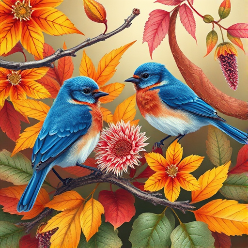 Create a vibrant botanical illustration featuring two blue birds perched among colorful autumn leaves and flowers, using a macro lens at f/2.8, ISO 100, 50mm focal length, with soft natural lighting for enhanced detail and texture.