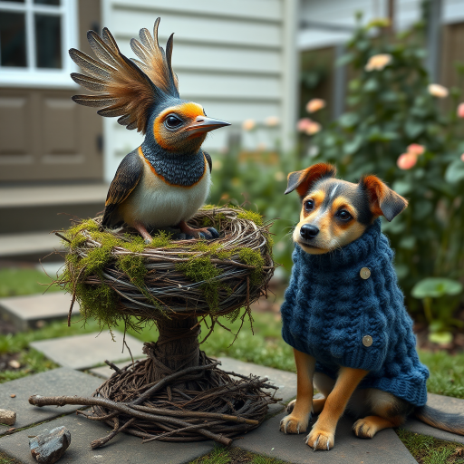 An image of a surreal, whimsical bird, a moss birds nest, sitting nearby is a dog, slightly smiling with a blueberry bobble stitch sweater, muted colors, natural textures, garden at back of house.