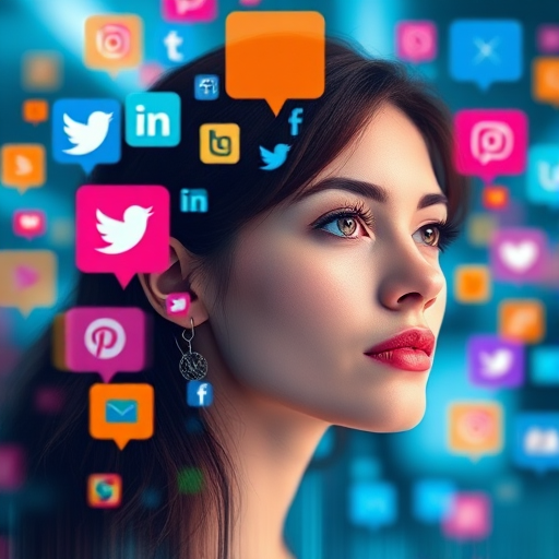 Create an image featuring a female face blended with vibrant social media icons and colorful speech bubbles in a digital background, using a Canon EOS R5 with a 50mm f/1.2 lens, aperture set to f/4, ISO 100, and a focus on soft bokeh to enhance the vibrant colors.