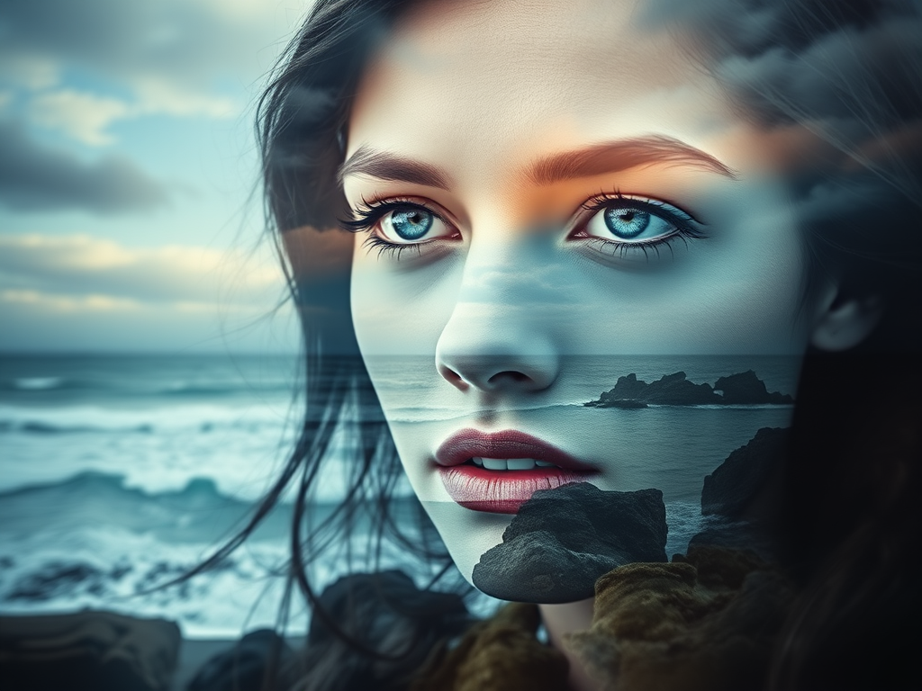 this photo is Book cover, A surreal double exposure portrait that blends a woman's face with a beautiful seascape. The overall mood is dreamy and mystical, with rich colors and intricate details