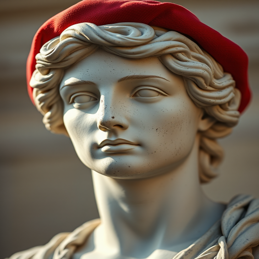 Create a realistic portrait of a classical statue wearing a red beret, focus on intricate facial details, soft lighting, Canon EOS R5, 85mm f/1.2 lens, ISO 100, f/2.8, natural light, shallow depth of field.