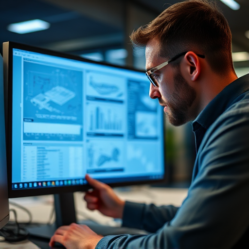 a focused engineer working on detailed technical blueprints on a computer screen in a modern office environment, depth of field, ISO 200, aperture f/2.8, shutter speed 1/125s, 50mm lens, soft lighting