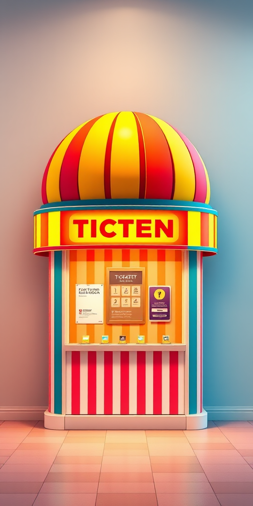 Create a vibrant ticket booth design with a colorful striped canopy, soft lighting, and a playful aesthetic, captured with a DSLR camera at f/2.8, 1/250 sec, ISO 100, in a frontal view with a high-resolution vector graphic style.