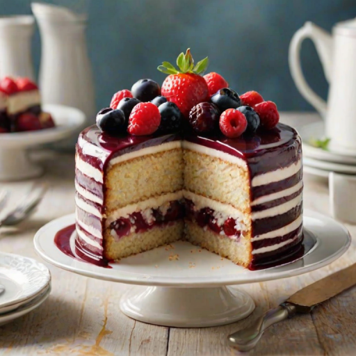 Create an image of a layered cake with visible slices showing soft, fluffy cake layers and a rich filling. The cake should have a smooth frosting on the outside, with a glossy fruit topping. The background should be simple and light to highlight the cake's details.