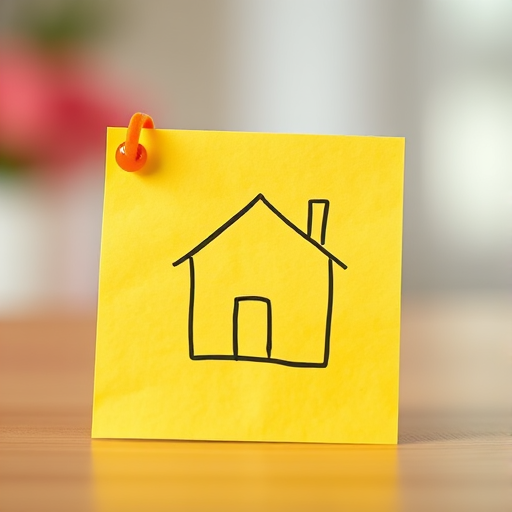 Create a vibrant illustration of a house outline on a bright yellow sticky note, with a soft-focus background, shot using a DSLR camera at f/2.8 aperture and ISO 100, in natural daylight to emphasize colors and details.
