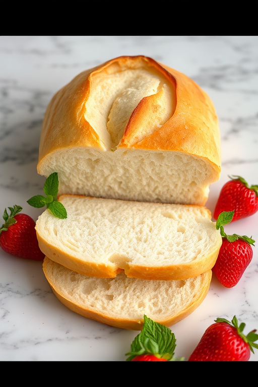 A freshly baked loaf of soft white bread sliced in half revealing a fluffy interior with a golden crust on top placed on a marble surface accompanied by fresh strawberries and mint leaves for garnish.