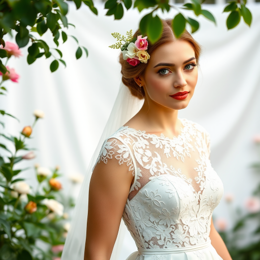 Garden scene, bridal model, delicate lace gown, floral headpiece, soft romantic focus, high-key lighting and an 85mm lens for soft, even tones that highlight the model’s face and bright outfit against a white or light background