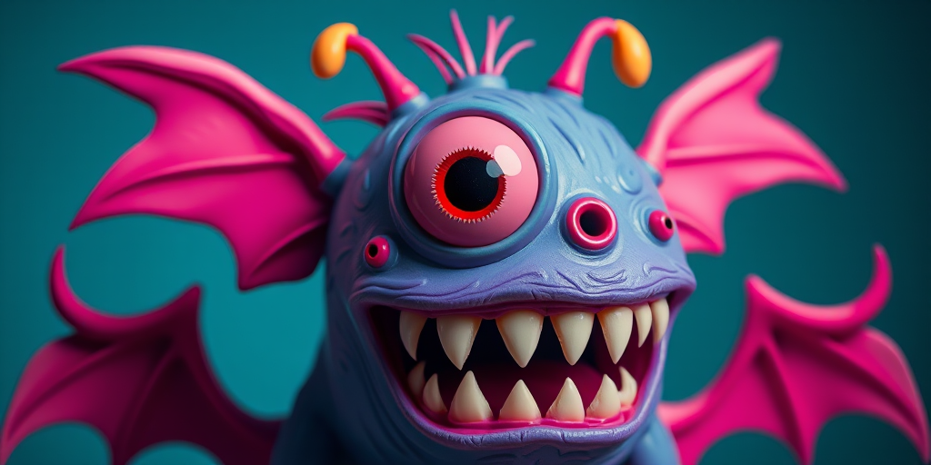 Create a vibrant cartoon-style monster with one large eye, pink wings, and a wide mouth filled with sharp teeth, using a Canon EOS R5 camera with a 50mm lens, aperture f/2.8, ISO 100, and soft lighting to enhance color and detail.