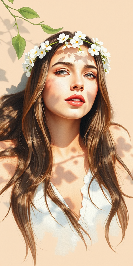 create a watercolor painting of an ethereal portrait of beautiful Kurdish woman with a simple white flower crown on her head. Her hair is long and she is lying on the ground. The sunlight on the trees casts shadows from the leaves on her face and body. The background is a neutral brown color that matches her skin tone. The image is minimalist and solid colors. This style is characterized by soft, delicate brushstrokes and a light, airy, contrasting color palette. High level of detail and play of light