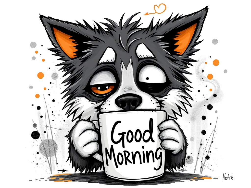 A quirky, artistic illustration of a disheveled shikoku dog breed with exaggerated, large eyes and spiky fur, holding a coffee mug that reads "Good Morning". The dog has a tired but humorous expression, with ink splatters and abstract details surrounding it, giving a whimsical feel to the image. The color palette is mostly monochrome with hints of orange in the eyes and steam rising from the mug, enhancing the overall sleepy vibe