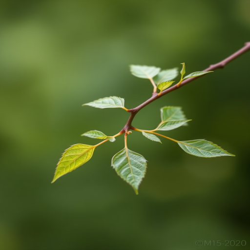 create a botanical illustration of a delicate branch with leaves using a high-resolution DSLR camera, 50mm lens, f/2.8 aperture, ISO 100, against a soft, blurred background for enhanced depth of field and detail.