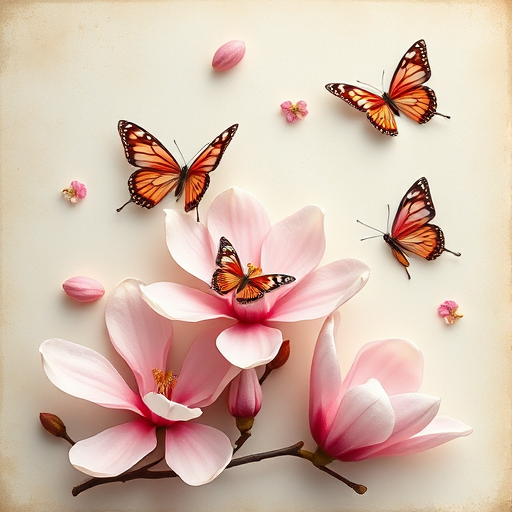 Create a vintage postcard design featuring delicate pink magnolia flowers and butterflies on a textured background with soft lighting, using a DSLR camera, 50mm lens, aperture f/2.8, ISO 100, shot from a top-down view, focusing on floral details.