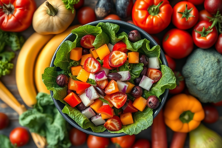 capture a top-down view of a vibrant salad bowl surrounded by colorful fruits and vegetables, using a DSLR camera with a 50mm lens, aperture set to f/2.8 for shallow depth of field, ISO 200 for clarity, and natural lighting to enhance colors and textures