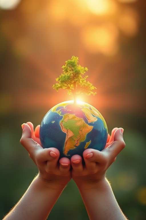 Create an image of a pair of hands gently holding a globe with a tree growing out of it, surrounded by rays of sunlight, using a Canon EOS R5 camera, 50mm lens, f/2.8 aperture, ISO 100, soft focus background, high dynamic range.