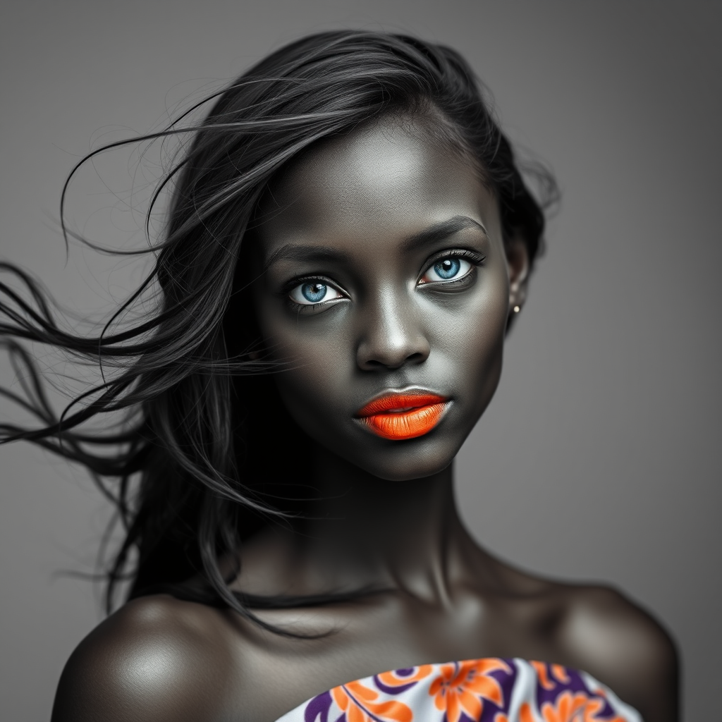 Photographic image of a beautiful young Hausa woman, cyan eyes, lips with orange lipstick, long hair fluttering in the wind and wearing a silk strapless dress with a soft purple and orange print. monochrome image with only color highlights in the iris of the eyes, lipstick and dress. Gray background.