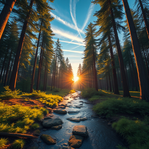 Create a vivid and detailed illustration of a serene forest landscape during sunrise, featuring tall trees with sunlight filtering through the leaves, a clear blue sky with wispy clouds, and a gentle stream flowing through the center, captured with a Canon EOS R5 at f/8, ISO 100, 1/125 sec, using a wide-angle lens from a low angle perspective to enhance depth and clarity.