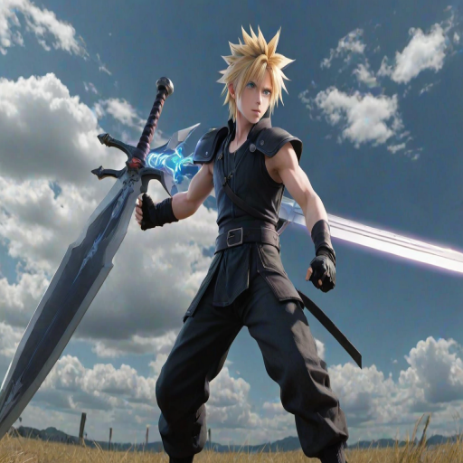 masterpiece, best quality, cloud strife, final fantasy, 1boy, blonde hair, blue eyes, holding weapon, buster sword, fighting stance, solo, outdoors, aiming at viewer, foreshortening, epic, aura,