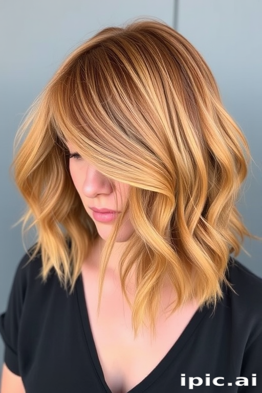 Copper penny bob with honey-gold balayage, styled in beachy waves, known as "Autumn Sunrise" hair, featuring a side-swept fringe and tousled texture