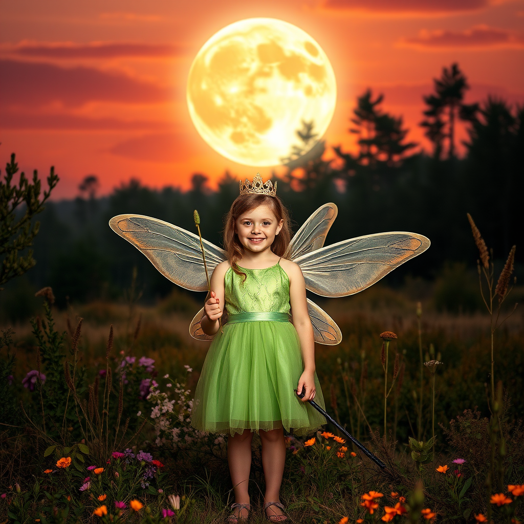 A vivid photo  taken under a bright camera flash of a fantastical scene set against a backdrop of a forest during sunset. The main subject is a girl dressed as a fairy, adorned with translucent wings and a green dress, holding a wand, her face is happy, and she wears a crown on her head. The forest behind her is a blend of flowers, shrubs and trees. The sky is painted in hues of orange and pink, with a large, glowing moon casting a warm glow over the scene. The overall color palette is dominated by earthy tones.