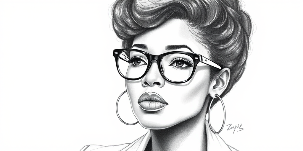 Beautiful Viola Davis, pencil sketch, portrait of beautiful woman 60s in glasses, hair style beatnik, outline, clear lines, fine lines, 8k