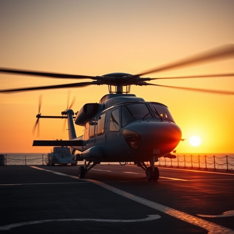 helicopter on a naval ship deck at sunset, captured with a DSLR camera, aperture f/2.8, shutter speed 1/500 sec, ISO 200, wide-angle view, focus on the helicopter with motion blur on blades, natural lighting