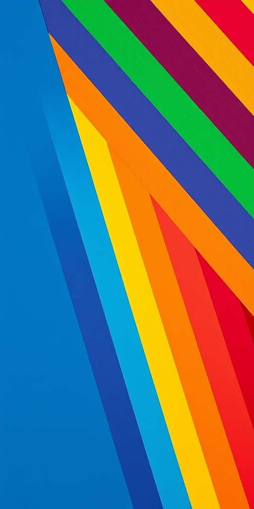 Create an image of diagonal rainbow stripes in vibrant colors, shot with a Canon EOS R5 at 50mm f/1.8, aperture set to f/8, ISO 100, in a flat lay style to enhance color saturation and detail.