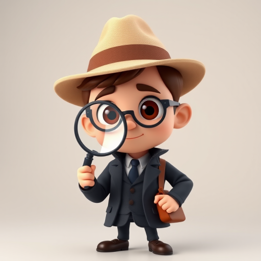 Create a 3D illustration of a cartoon detective character holding a magnifying glass, wearing a beige fedora, black suit, and a brown shoulder bag, with a smooth background gradient; camera settings: f/2.8 aperture, ISO 100, shutter speed 1/125s; camera view: eye level; camera style: realistic cartoon; camera type: digital DSLR.