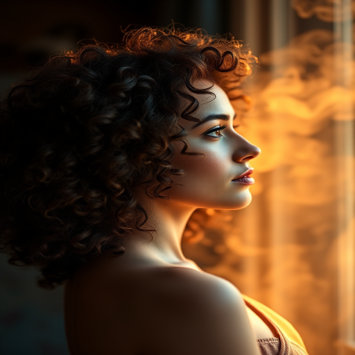 Generate a high-quality portrait of a woman with curly hair in profile, softly illuminated by warm lighting with smoke in the background, using a Canon EOS R5, 50mm f/1.2 lens, aperture set to f/1.2, ISO 200, shutter speed 1/100s, natural light, shallow depth of field.